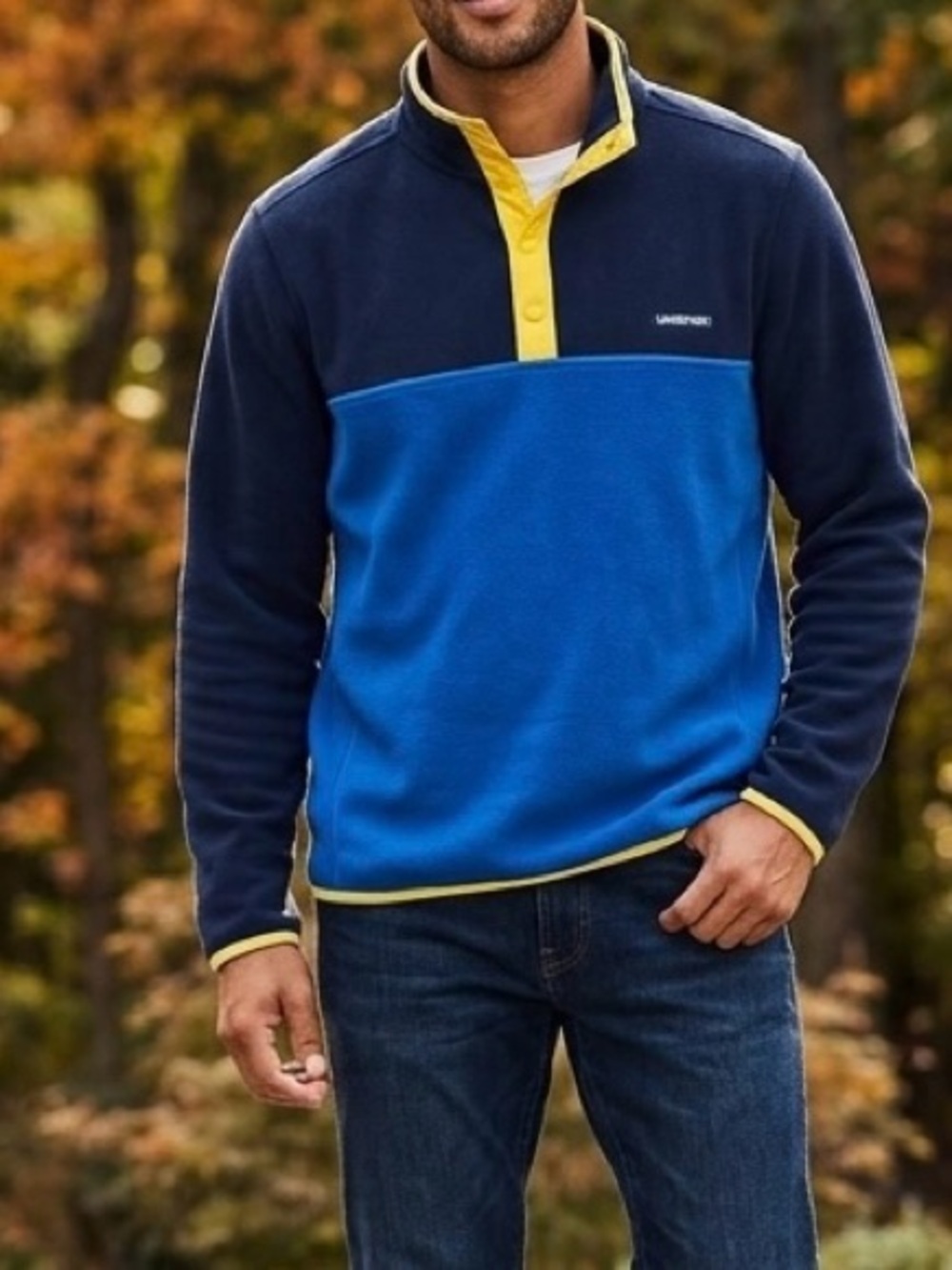 Lands’ End Heritage Fleece Snap Neck Pullover Blue Colorblock